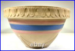 Vintage McCoy Yellow Ware Pottery Mixing Bowl Set Of 4 Pie Crust Rim Pink Blue