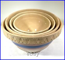 Vintage McCoy Yellow Ware Pottery Mixing Bowl Set Of 4 Pie Crust Rim Pink Blue Vintage McCoy Yellow Ware Pottery Mixing Bowl Set Of 4 Pie Crust Rim Pink Blue