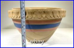 Vintage McCoy Yellow Ware Pottery Mixing Bowl Set Of 4 Pie Crust Rim Pink Blue Vintage McCoy Yellow Ware Pottery Mixing Bowl Set Of 4 Pie Crust Rim Pink Blue