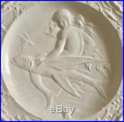 Vintage Mermaid And Fish White Majolica French Plate Bowl France Scarce