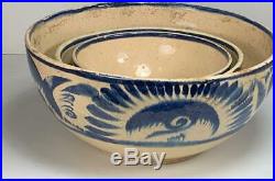 Vintage Mexican Pottery Tlaquepaque 3 Nesting Bowls Blue Beige Floral Mexico