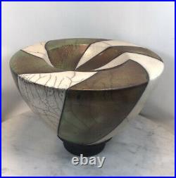 Vintage Mid Century Modern Artisan Signed Crackle Ceramic Pottery Pedestal Bowl