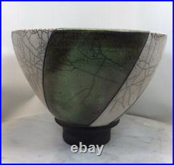 Vintage Mid Century Modern Artisan Signed Crackle Ceramic Pottery Pedestal Bowl