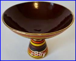 Vintage Mid Century Striped Pedestal Bowl Italy Pottery Orange Yellow Brown 8