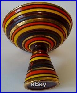 Vintage Mid Century Striped Pedestal Bowl Italy Pottery Orange Yellow Brown 8