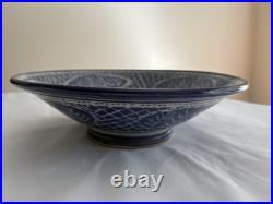 Vintage Mideke Studio Art Pottery Custom Made Bowl Blue Leaf Design 10 Inch