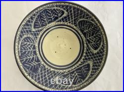 Vintage Mideke Studio Art Pottery Custom Made Bowl Blue Leaf Design 10 Inch