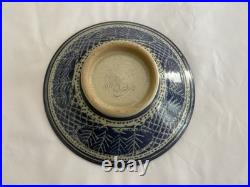 Vintage Mideke Studio Art Pottery Custom Made Bowl Blue Leaf Design 10 Inch
