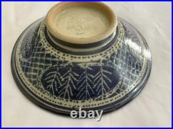 Vintage Mideke Studio Art Pottery Custom Made Bowl Blue Leaf Design 10 Inch