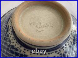Vintage Mideke Studio Art Pottery Custom Made Bowl Blue Leaf Design 10 Inch