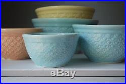 Vintage Mixing Bowls (nesting) pottery USA Oven Proof SET OF 5 blue yellow peach