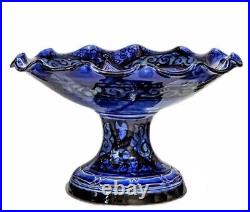 Vintage Moroccan Blue Pottery Compote Bowl Handcrafted Etched Glazed Centerpeice