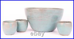 Vintage NC Jugtown Ware Large Bowl & Cups Turquoise Blue Art Pottery 1959-1972