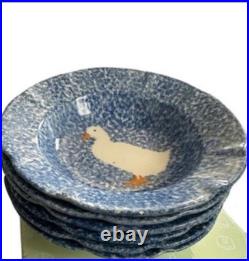 Vintage N S Gustin L A Pottery Blue Stipple Duck Bowl- Set Of 6 -Blue Dot Mark