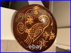 Vintage Ned Foltz Redware 12 Pottery Bowl Bird & Tulip Dish 1991 Signed