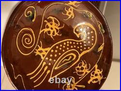 Vintage Ned Foltz Redware 12 Pottery Bowl Bird & Tulip Dish 1991 Signed