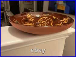Vintage Ned Foltz Redware 12 Pottery Bowl Bird & Tulip Dish 1991 Signed