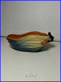 Vintage Original Roseville Blue Pine Cone Twig Handled Bowl #455