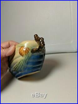 Vintage Original Roseville Blue Pine Cone Twig Handled Bowl #455