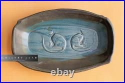 Vintage! Pair Cats Pottery Dish! Vtg 50s 60s Art Bowl Orig Tray Blue MID Century