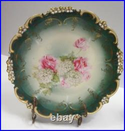 Vintage Porcelain Pottery 8 1/2 Set of 2 Green Bowls Pink Roses R S Prussia 3b
