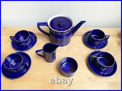 Vintage Portmeirion Totem Blue Teapot, 4 Cups & Saucers, Milk Jug & Sugar Bowl