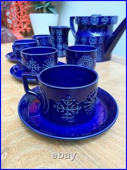 Vintage Portmeirion Totem Blue Teapot, 4 Cups & Saucers, Milk Jug & Sugar Bowl