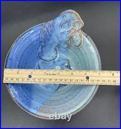 Vintage Pottery Bowl Jamie de Guzman Manatee Bowl Blue Marked Art Sea Cow Animal