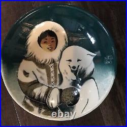 Vintage Pottery Bowl Large Hand Painted Eskimo Ceramic Signed Matthew Adams Rare