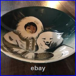 Vintage Pottery Bowl Large Hand Painted Eskimo Ceramic Signed Matthew Adams Rare