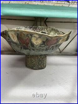 Vintage Pottery Compote Leaf Nature Handmade And Signed
