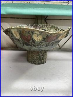 Vintage Pottery Compote Leaf Nature Handmade And Signed