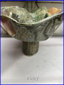 Vintage Pottery Compote Leaf Nature Handmade And Signed