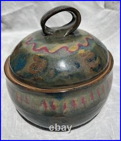 Vintage Pottery, Lg. Bowl Pot Lid. Multicolor Glazed. Signed