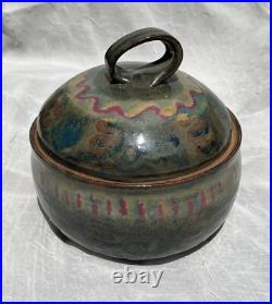 Vintage Pottery, Lg. Bowl Pot Lid. Multicolor Glazed. Signed