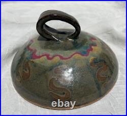 Vintage Pottery, Lg. Bowl Pot Lid. Multicolor Glazed. Signed