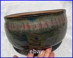 Vintage Pottery, Lg. Bowl Pot Lid. Multicolor Glazed. Signed