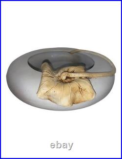 Vintage Pottery Signed Semi-Matte Glaze Bowl with Applied Leaf and Incised Mark