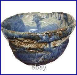 Vintage Pottery Studio Ceramic Bowl Signed 12x7 Rustic Textured Blue Brown