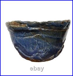 Vintage Pottery Studio Ceramic Bowl Signed 12x7 Rustic Textured Blue Brown