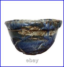 Vintage Pottery Studio Ceramic Bowl Signed 12x7 Rustic Textured Blue Brown