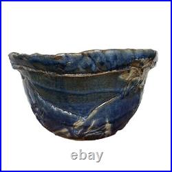 Vintage Pottery Studio Ceramic Bowl Signed 12x7 Rustic Textured Blue Brown