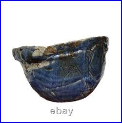 Vintage Pottery Studio Ceramic Bowl Signed 12x7 Rustic Textured Blue Brown