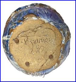 Vintage Pottery Studio Ceramic Bowl Signed 12x7 Rustic Textured Blue Brown