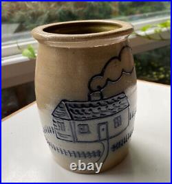 Vintage Pottery Works Stoneware Salt Glazed With Blue House Crock Signed 1986