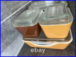 Vintage Pyrex Old Orchard COMPLETE Set Refrigerator Dish Brown Yellow With Lids