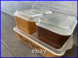Vintage Pyrex Old Orchard COMPLETE Set Refrigerator Dish Brown Yellow With Lids