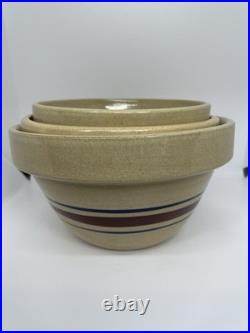 Vintage RRP Roseville Pottery Co Mixing Bowl Set of 3 Blue & Red Stripes Ohio