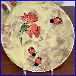 Vintage Rainbow Gate Pottery Set Of 2 Plates SIGNED LOGO & Date Ladybug Flowers