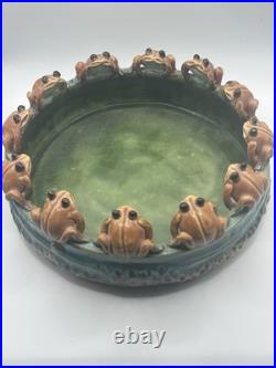 Vintage Rare Majolica 13 Frog Round Pottery Bowl Ceramic Planter Lily Pads